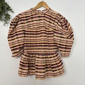 ELOQUII ELEMENTS Women's Size 16 Plaid Smocked Peplum Top Bishop Sleeve